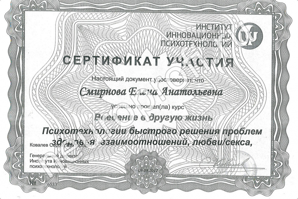 Психотерапевт Смирнова Е. А. Сертификат. Введение в другую жизнь