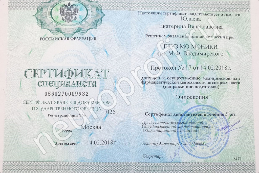 Врач Юлаева Екатерина Вячеславовна. Сертификат. Эндоскопия